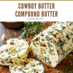 Può includere: Burro composto a fette, con erbe e spezie visibili. Il testo "COWBOY BUTTER COMPOUND BUTTER" e "Full Recipe PDF" è in alto. Il burro è su un tagliere di legno.