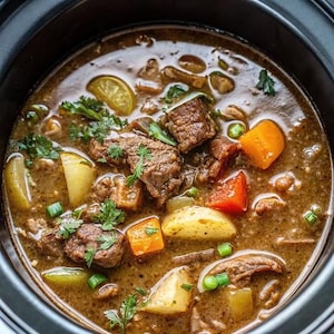 May include: A close-up shot of a hearty beef stew in a black slow cooker. The stew features large chunks of beef, potatoes, carrots, and peas in a rich, brown broth. Garnished with fresh parsley and green onions.