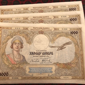 3 Kolejne 1931 Europejskie Królestwo Jugosławia Antyczne banknoty 1000 Dinara Królowa Maria Karadjordjevic
