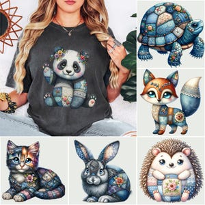 Puede incluir: Una camiseta gris oscuro con un diseño de oso panda, detalles florales y detalles de patchwork. La imagen también incluye ilustraciones de una tortuga, un zorro, un gato, un conejo y un erizo, todos con diseños de patchwork similares.