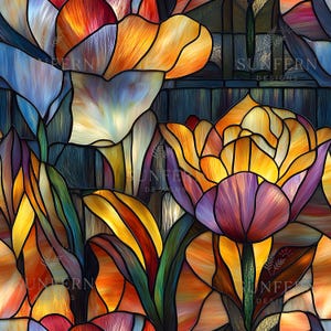 May include: A stained glass design featuring vibrant tulips in shades of orange, yellow, purple, and blue. The artwork has a textured appearance with dark outlines, creating a mosaic effect. The design includes the text "SUNFERN DESIGNS".