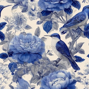 Blue and White Bird Floral Seamless Pattern, Chinoiserie Pattern Download, Vintage Botanical Seamless Design, Elegant Printable for POD DIY