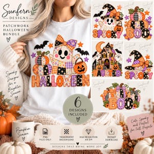 May include: A white t-shirt featuring a patchwork-style Halloween graphic with a ghost, pumpkins, and the text HALLOWEEN. The image also displays five additional digital designs including a ghost, pumpkins, a haunted house, and a witch hat.