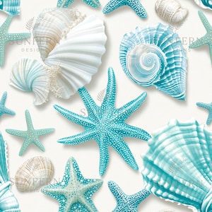 Può includere: Motivo senza cuciture con varie conchiglie e stelle marine nei toni del bianco e turchese. Il design include illustrazioni dettagliate di conchiglie, stelle marine e altri elementi marini, creando un tema costiero o nautico.