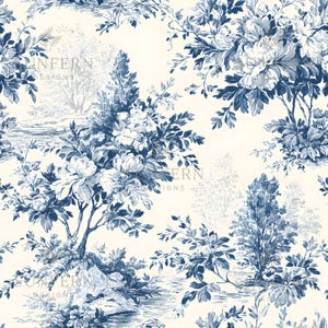Blue Toile Digital Paper: French Country Floral Pattern (Seamless PNG File, 12&quot;x12&quot;)