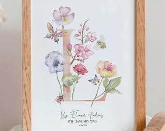 Quadro personalizado com o nome do bebê, decoração floral e de animais para quarto de bebê.