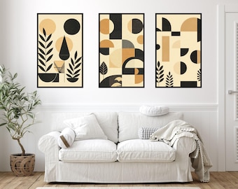 Mid Century Modern Geometric Art Print Set: Beige & Black (Digital Download, Set of 4)