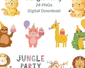 Jungle Animals Clipart Bundle: Kids Birthday Party Decor (Digital Download PNGs)