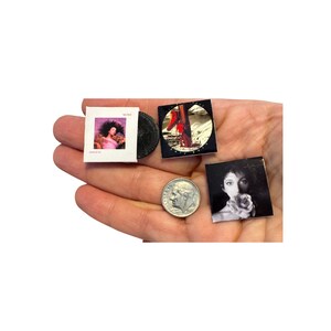 May include: Miniature album covers and a vinyl record are displayed. One album cover features a woman with dark hair, another shows a red and silver design, and a third is a black and white portrait. A dime is also present.