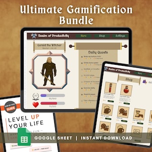 RPG Productivity Bundle – Gamified Google Sheets Habit Tracker + 100 Hero Images + PDF Guide