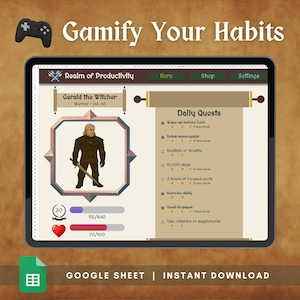 Google Spreadsheets Habit Tracker voor ADHD – gamified digitale planner – dagelijkse routinecontrolelijst – zelfverbetering – taaktrackersjabloon