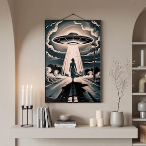 Mystery UFO Wall Art | Sci-Fi Alien Abduction Poster | Retro Futuristic Space Print for Living Room or Office Decor.