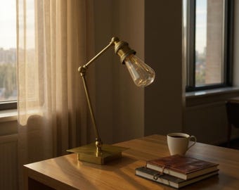 Vintage Brass Swing Arm Desk Lamp | Industrial Table Light, LED Bulb