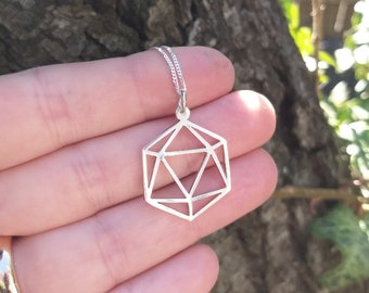 Hand cut Sterling Silver D20 Pendant