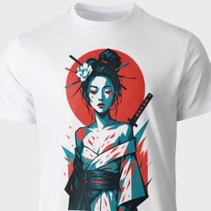 Samurai Geisha T-Shirt – Japanese Warrior Woman Graphic Tee – Red Sun Aesthetic Shirt – Anime Style Art Tee