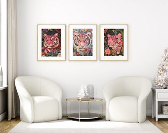 Tapiz bordado de tigre rosa – Tapiz bohemio – Arte textil selvático audaz – Decoración moderna de tigre rosa