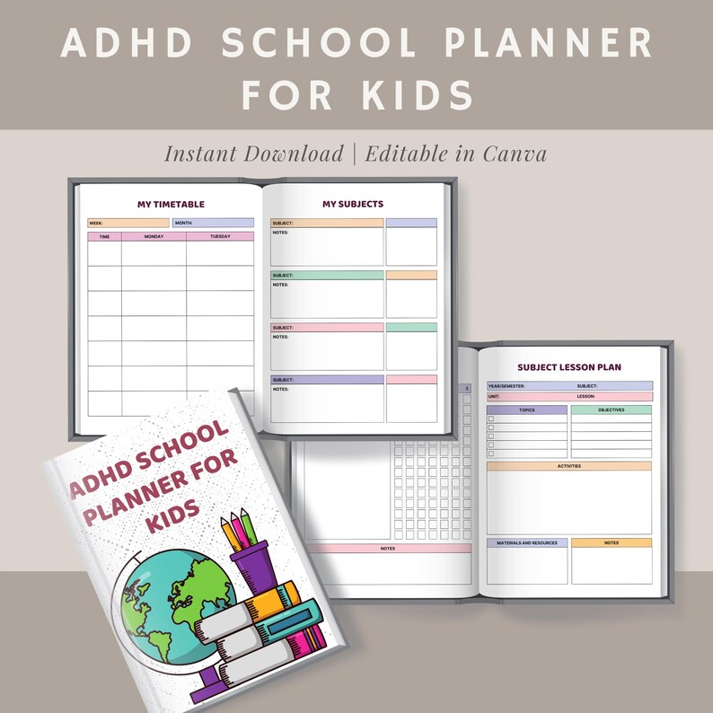 ADHD School Planner for Kids Printable — Daily Homework, Routine Charts ...