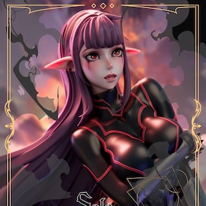 Peut inclure: Illustration numérique d'un personnage féminin aux longs cheveux violets, aux oreilles pointues et aux yeux rouges. Elle porte un justaucorps noir et rouge. L'image a une bordure dorée et le texte "Solo Leveling".