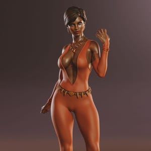 Pode incluir: Estatueta detalhada de uma mulher em macacão laranja com decote em V, botas e cinto. A figura está em uma base redonda com um fundo marrom escuro. A mulher tem cabelo curto e escuro e usa joias.