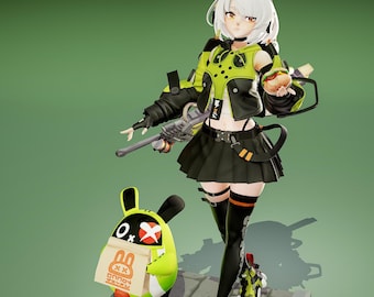 Könnte beinhalten: Detaillierte Figur einer Figur in einem schwarz-limettengrünen Outfit, die eine Waffe und einen Burger hält. Ein Cartoon-Kaninchen mit einer Tasche steht neben der Figur. Die Figur steht auf einer grauen Plattform mit grünem Hintergrund.