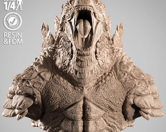 May include: A detailed, tan-coloured bust of Godzilla with an open mouth, revealing teeth and tongue. The bust is labelled "Godzilla vs Kong" at the base and is 1/4 scale. The bust is made of resin and FDM.