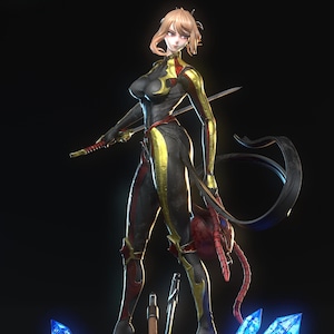 May include: A detailed figurine of a female warrior in a black and gold suit, holding a sword. The figure stands on a rocky base with blue crystal formations. The warrior has short blonde hair and is posed in a dynamic stance.