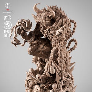 May include: A detailed, beige resin statue of a demonic figure with horns, chains, and a multitude of skulls. The statue is labeled "PRE-SUPPORTED" and "SCALE 1/6". The base features a shield emblem.