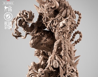 May include: A detailed, beige resin statue of a demonic figure with horns, chains, and a multitude of skulls. The statue is labeled "PRE-SUPPORTED" and "SCALE 1/6". The base features a shield emblem.