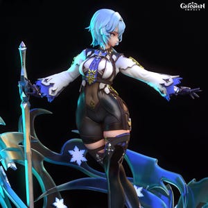 May include: A detailed figurine of a character with light blue hair, wearing a white and blue outfit with black shorts and thigh-high boots. The figure is holding a sword and stands on a blue crystal base. The Genshin Impact logo is visible.