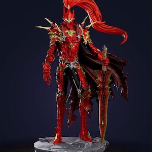 May include: A detailed figurine of a warrior in red and gold armour, holding a large sword. The figure has a long, flowing red ponytail and stands on a stone-like base. The armour is intricately designed with gold accents.