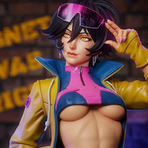 May include: A collectible figurine of a character with short black hair, yellow eyes, and pink-tinted visor glasses. The figure wears a yellow jacket over a blue and pink cropped top with a zipper, and has pink fingernails on one hand.