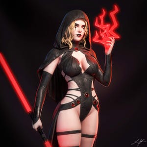 Può includere: Una statuetta digitale di un personaggio che raffigura una persona bionda con un mantello nero con cappuccio e un body con dettagli in pietre preziose rosse. La figura tiene un oggetto di energia rossa luminosa e una spada laser rossa.