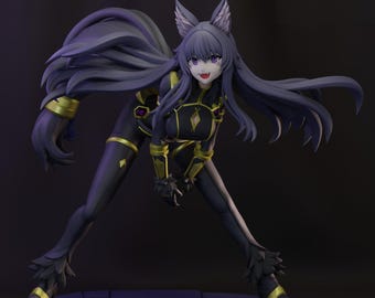 May include: A figurine of a character with wolf-like features, wearing a black and gold outfit. The figure has long, flowing dark hair and is posed in a dynamic stance. The base is a dark purple color.