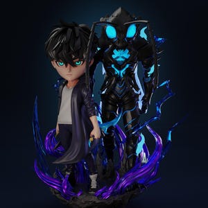May include: A detailed figurine featuring a character with black hair, a black coat, and a white shirt, holding a sword. Beside him stands a large, armored figure with glowing blue accents. The base is adorned with purple and blue energy effects.