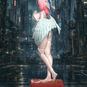 May include: A collectible anime-style figurine featuring a character with short pink hair, white feathered wings, and white leg wraps. The figure stands on a red cloth-covered pedestal against a detailed, dark, industrial city background.