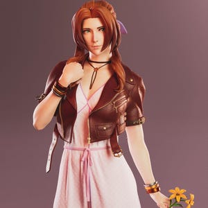 May include: A detailed figurine of a character with auburn hair, wearing a brown leather jacket over a pink dress. The figure holds yellow flowers and has multiple bracelets. The background is a solid, muted purple.