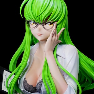 May include: A collectible anime-style figure featuring a character with long, vibrant green hair and yellow eyes. The figure wears a white button-down shirt, a black lace bra, and dark-rimmed glasses, while holding a document with printed text.
