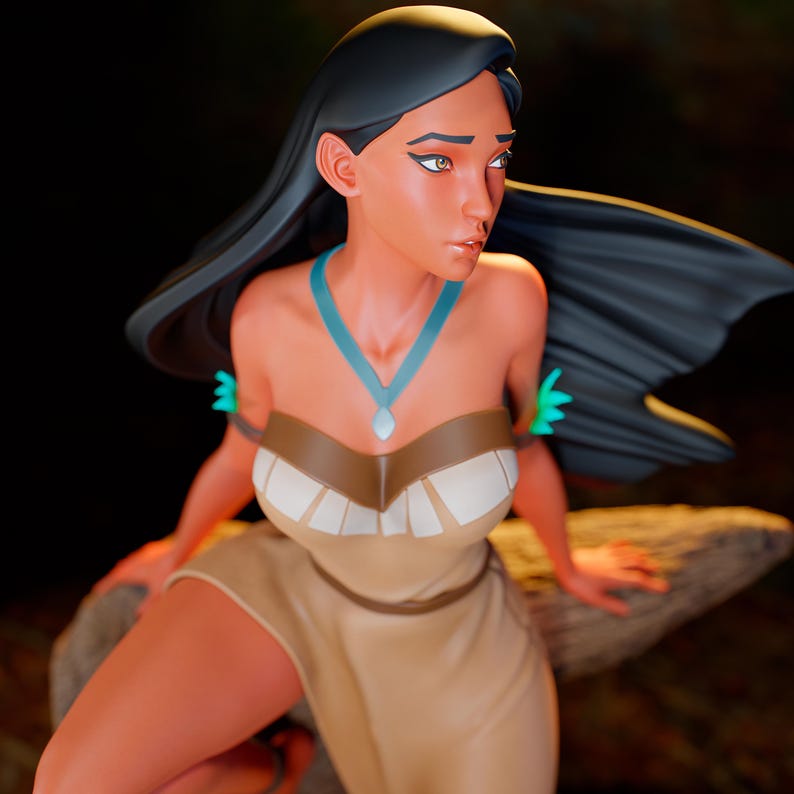 May include: A detailed figurine of a woman with long black hair, wearing a tan dress with a brown bodice and a turquoise necklace. The figure is posed with a thoughtful expression, set against a dark background.