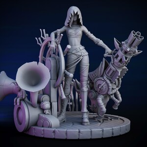 以下が含まれることがあります： フード付きの女性キャラクターの精巧な灰色のフィギュア。大きな様式化された蓄音機と機械的な武器の隣に立っています。 このフィギュアは、ダイナミックなポーズで、衣服やアクセサリーに複雑なディテールが施されています。