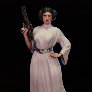 May include: A figure of a woman in a white dress, holding a blaster. She has dark hair styled in two buns and wears a silver belt. The figure is set against a black background.