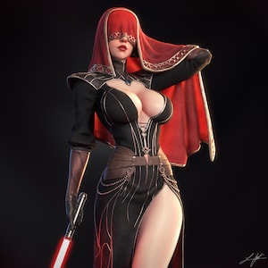 Può includere: Immagine 3D di un personaggio in un completo nero e rosso, con una spada laser rossa. Il personaggio ha un cappuccio e una benda rossi, con un vestito nero e uno spacco alto. L'outfit presenta dettagli argentati.