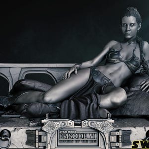 May include: A grayscale resin and FDM figure of a character from Star Wars Episode VI: Return of the Jedi. The figure is in a reclining pose, wearing a metallic bikini and skirt. The base features the Star Wars logo and episode title. The figure is 1/6 scale.