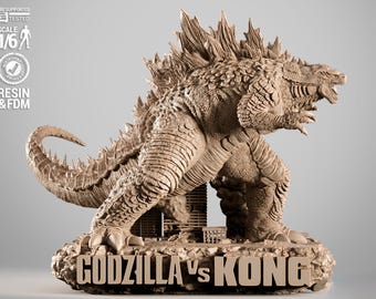 May include: A beige resin statue of Godzilla from "Godzilla vs. Kong." The figure is in a dynamic pose, with textured skin and dorsal fins. The base features the movie title. Scale is 1/6.