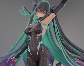 May include: A detailed figurine of a female character in a black bodysuit with teal and purple hair. The figure is posed dynamically with one arm raised and the other extended. The bodysuit has blue accents and the number "02".