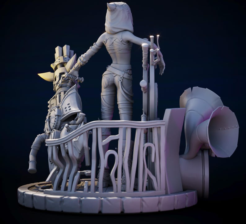 以下が含まれることがあります： フード付きの衣装を着た人物の、詳細なグレーの3Dプリント彫刻。機械的な構造と大きな角型の要素を備えたプラットフォームに立っています。その人物は垂直のバーを持っています。