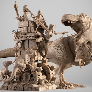 May include: A detailed resin statue featuring a woman with a gun, riding a T-Rex, with smaller dinosaurs and ancient ruins. The statue is labeled "Tomb Raider" and is a 1/6 scale model. The color is a neutral beige.