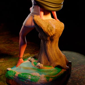 May include: A detailed figurine of a person in a short dress, seated on a tree trunk. The base features a miniature pond with green foliage and rocks. The figure has long hair and a bracelet on the ankle.