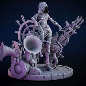 以下が含まれることがあります： ビデオゲームの女性キャラクターの、詳細なモノクロフィギュア。大きな機械式の武器と船の舵を構えています。フィギュアは、スチームパンクの美学を示す、複雑なディテールを持つ円形の台座の上に立っています。