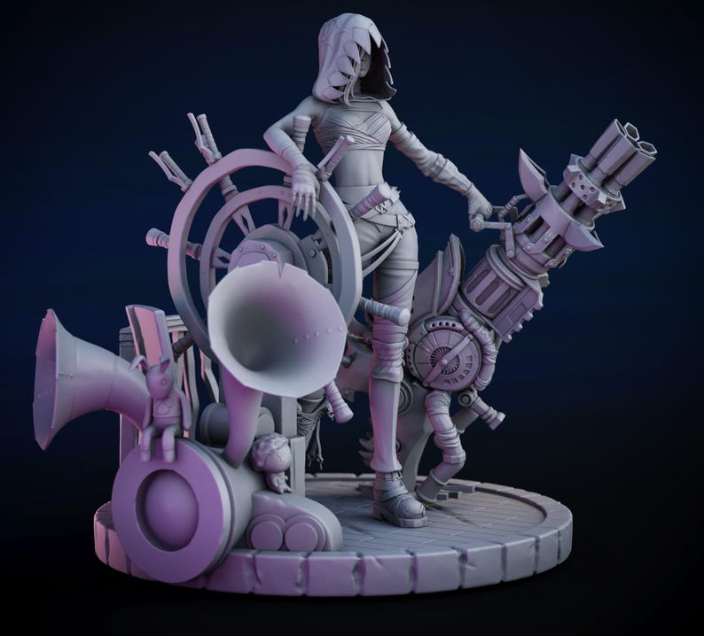 以下が含まれることがあります： ビデオゲームの女性キャラクターの、詳細なモノクロフィギュア。大きな機械式の武器と船の舵を構えています。フィギュアは、スチームパンクの美学を示す、複雑なディテールを持つ円形の台座の上に立っています。