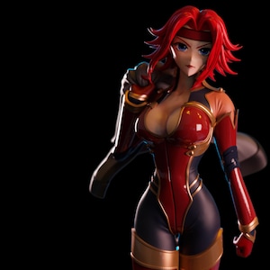 May include: A detailed figurine of a female anime character with red hair and blue eyes. She wears a red and black bodysuit with gold accents. The figure is posed against a black background.